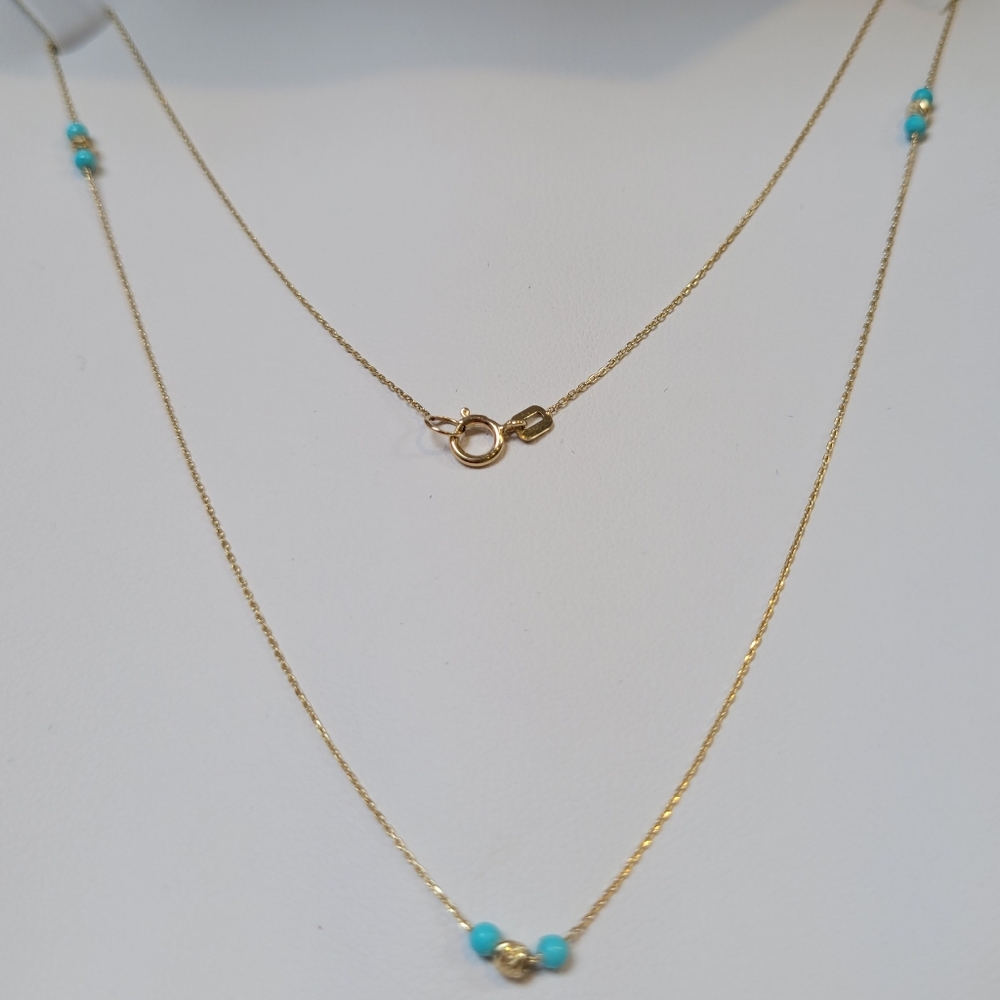 14k Real Gold and Turquoise Beaded Necklace, Aporox 17"L.